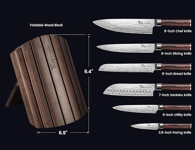 SYOKAMI 2026 Upgrade Kitchen Knife Set, Foldable Magnetic Acacia Wood Block