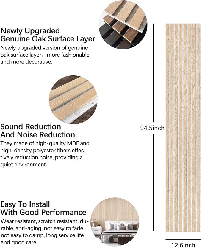 ARMURO Wood Slat Wall Panel - 2 PCS Slat Wall Paneling, Natural Oak Wood Veneer Sound Dampening Wall Panels - Wood Panels for Wall 12.6" W x 94.5" L