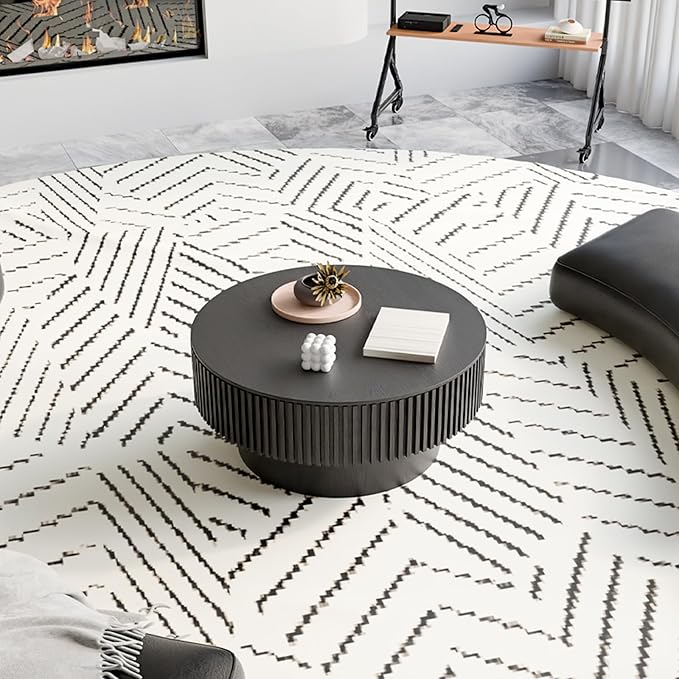 31.5'' Small Round Coffee Table with Storage, Fluted Coffee Table with Solid Wood Veneered, Mid Century Modern Wooden Center Table, Accent Tea Table for Small Space Living Room Apartment,Black