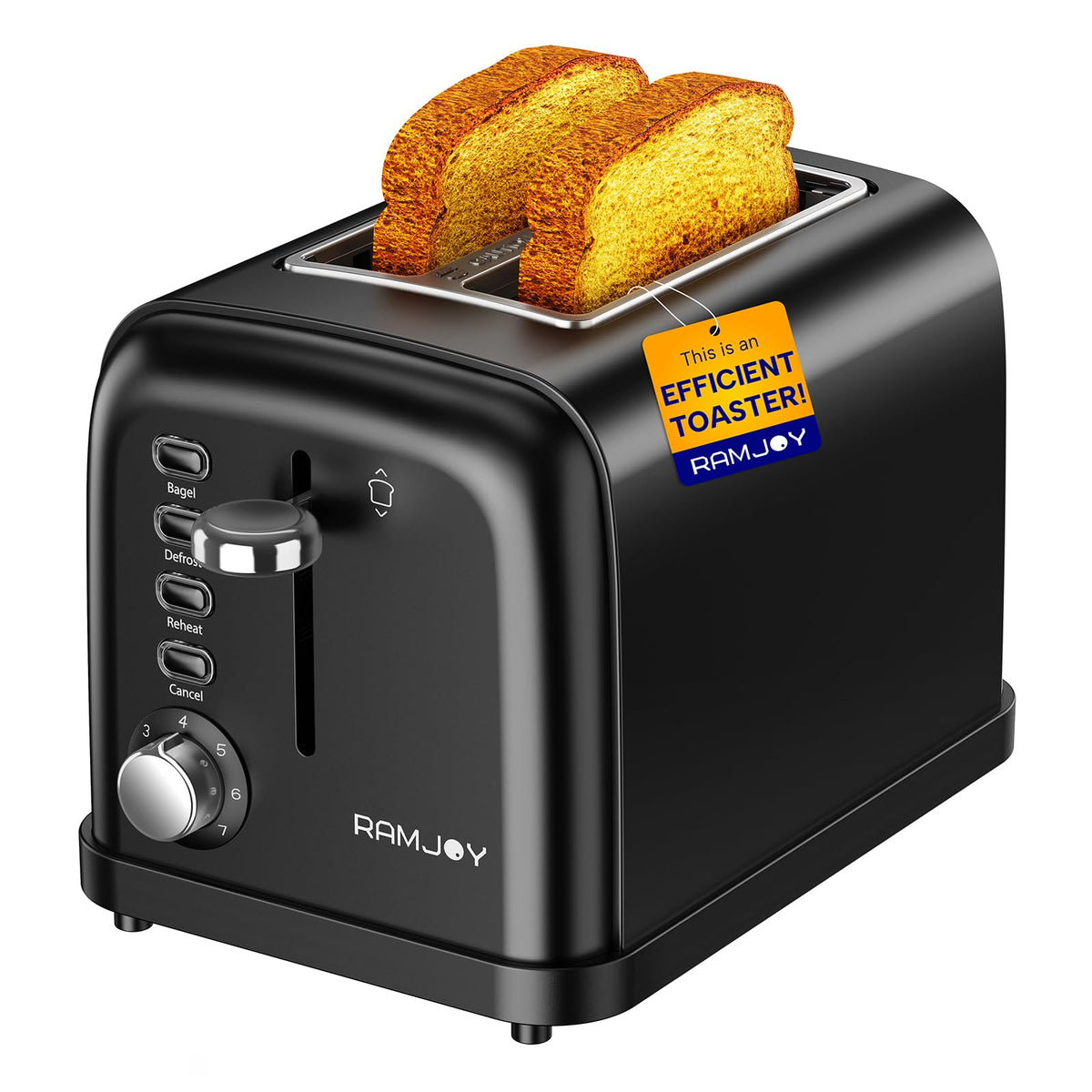 RAMJOY Toaster 2 Slice, Extra Wide Slot Toaster for Bagels, Bread, Waffles, 7 Shade Settings, 4 Main Functions, Removable Crumb Tray, 900 Watts Toasters, Brushed Stainless Steel