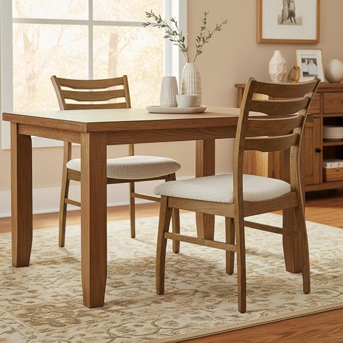 DUOMAY Farmhouse Dining Chairs Set of 6, Fur Beige Upholstered Side Chairs Solid Wood Ladder Back Kitchen Chairs for Home Dining Room, Browm Frame