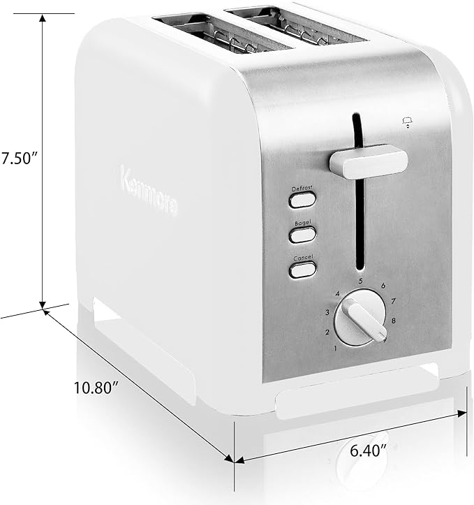 Kenmore 2-Slice Toaster, White Stainless Steel, Extra Wide Slots, Bagel and Defrost Functions, 9 Browning Levels, Removable Crumb Tray, for Bread, Toast, English Muffin, Toaster Strudel