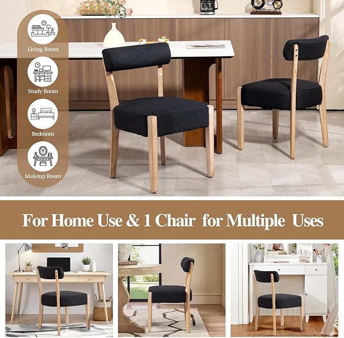 Dining Chairs,Set of 2 Mid-Century Modern Wooden Kitchen Chairs with Linen Upholstery - Low-Back Woven Design for Kitchen & Dining Room,Black Fabric
