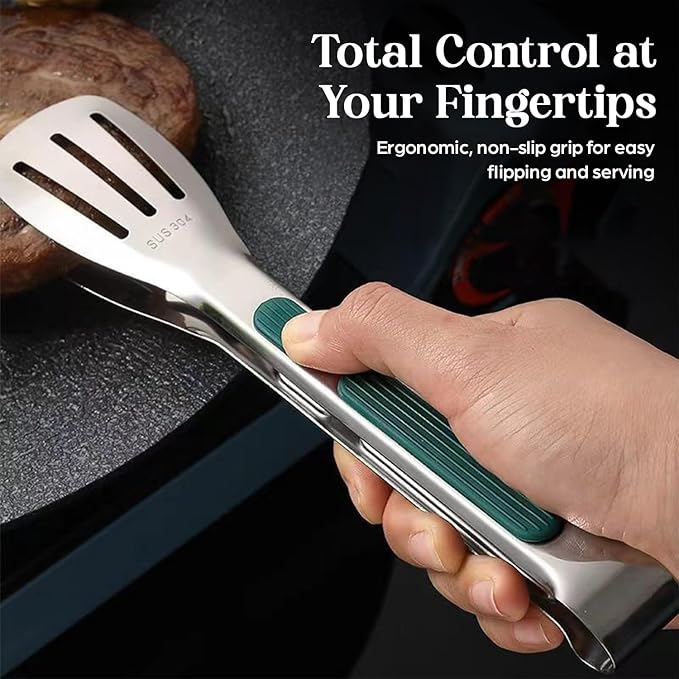 HomeEssentials1208 304 Stainless Steel Kitchen Tongs, 11.2 Inch Heat-Resistant Cooking Tongs with Non-Slip Silicone Grip, Locking & Hanging Design for Grilling, BBQ, Frying & Serving.