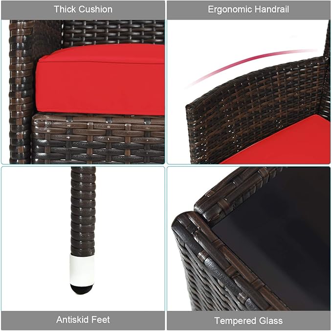 Tangkula 4 PCS Patio Rattan Conversation Set, Outdoor Wicker Furniture with Tempered Glass Coffee Table & Thick Cushion, Rattan Chair Wicker Set for Garden, Lawn, Poolside and Backyard (1, Red)