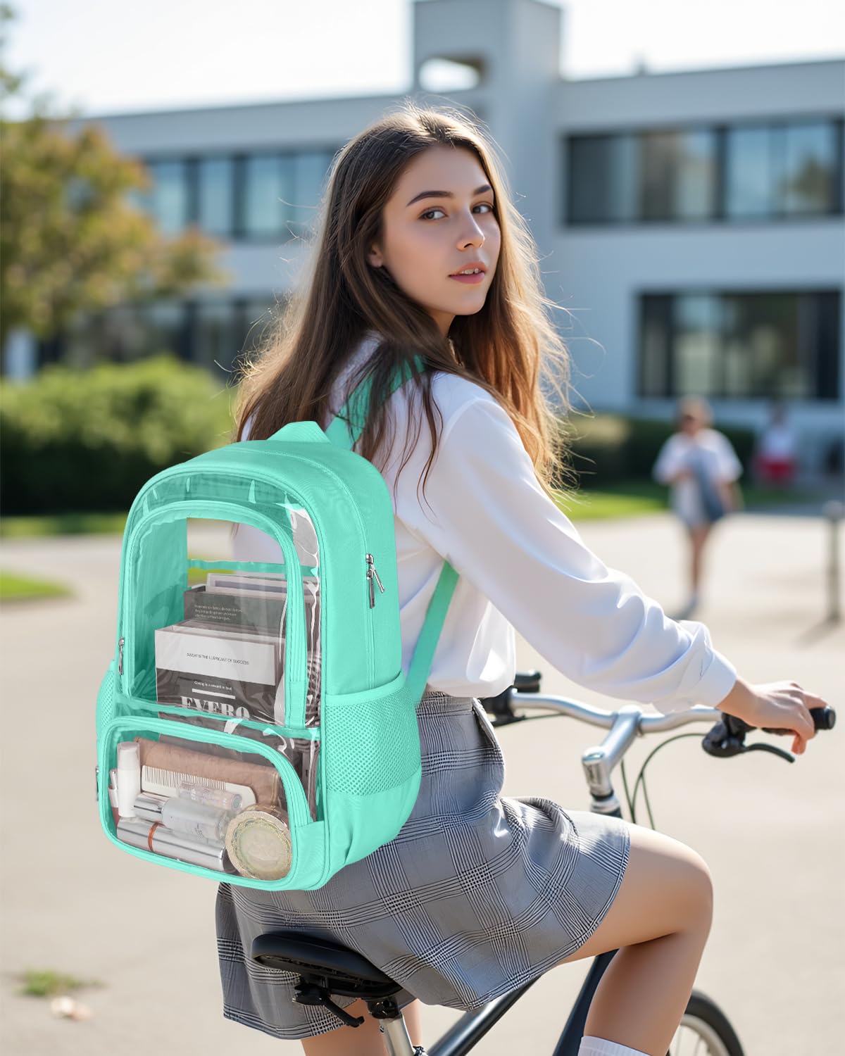 KIMNERPU Clear Backpack, Fabric & PVC Transparent Backpack with Reinforced Strap for Women Men, Heavy Duty Transparent Bookbag, Large Capacity Clear bag, Travel, Security, Green
