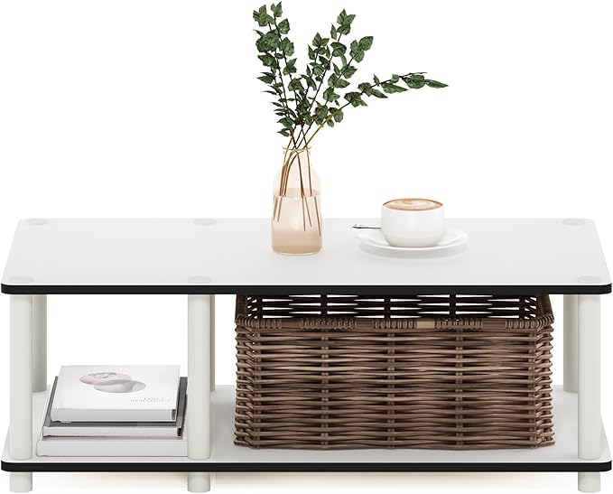 Furinno JUST TV Stand, 2-Tier No Tools Mid Entertainment Center with Open Shelf, TV Console for TV up to 46 Inch with Tubes, for Living Room, Bedroom, White