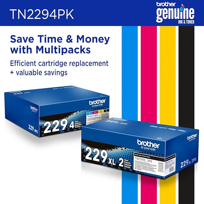 Brother Genuine TN2294PK Standard Yield 4-Pack Printer Toner Cartridges - Black, Cyan, Magenta, Yellow Toner Multipack