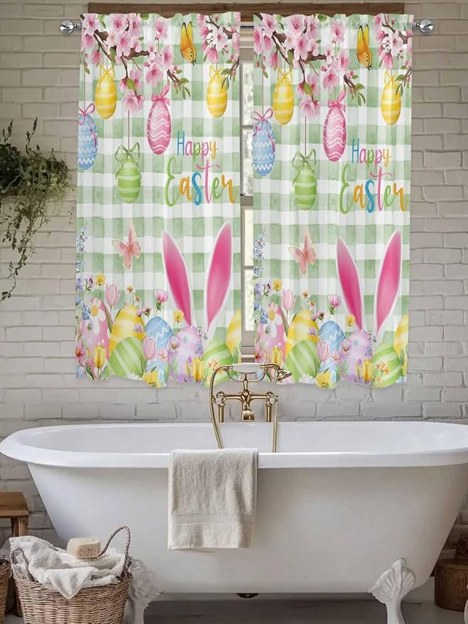 Happy Easter Bedroom Curtains 63 Inches length, Spring Bunny Eggs Flower Sage