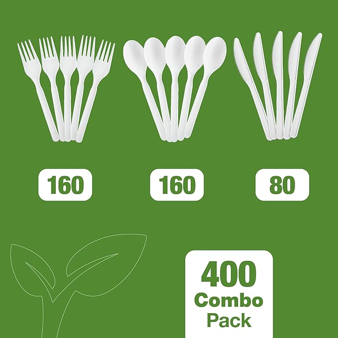 Elegant Disposables 100% Compostable PLA Combo Cutlery Set 400 Pcs