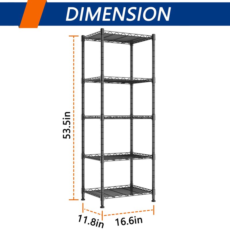 REGILLER 5-Wire Shelving Metal Storage Rack Adjustable Shelves,Standing Storage Shelf Units for Laundry Bathroom Kitchen Pantry Closet(Black,11.8" D x 16.6" W x 53.5" H)