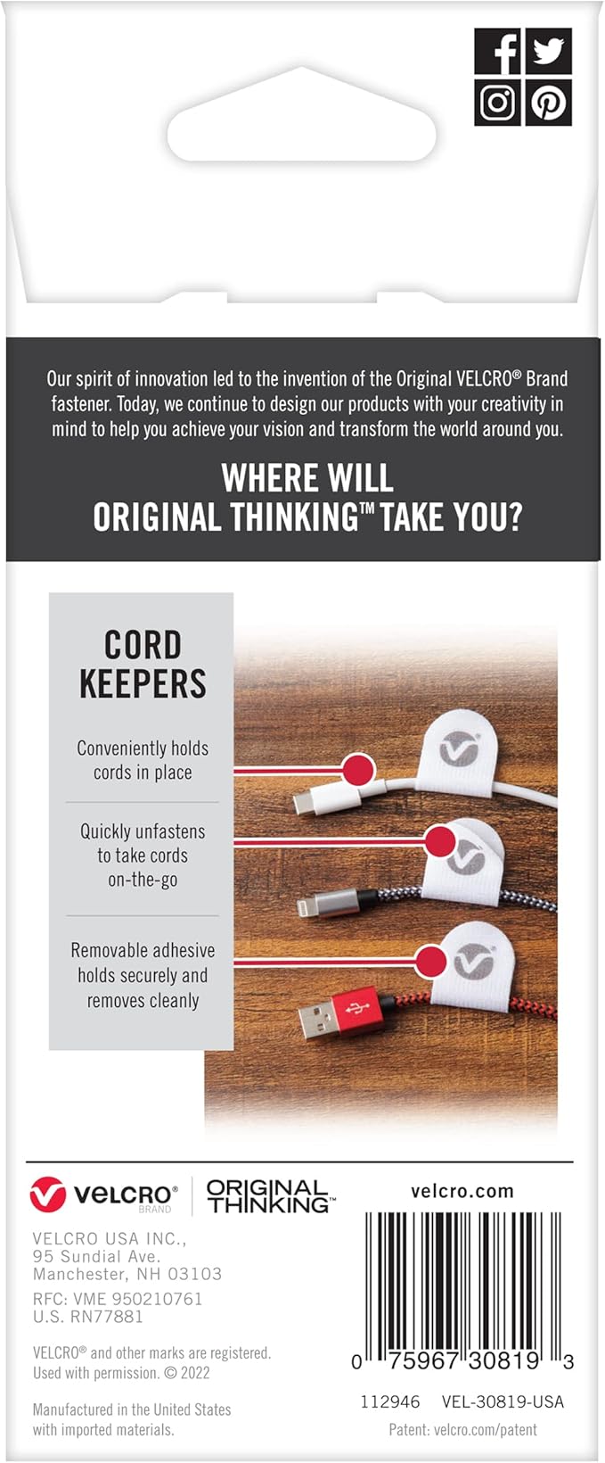 VELCRO Brand Cord Keepers | Charging Cord Organizer, Cord Holder for Nightstand, Desk | Removable Adhesive Backing | Soft Nylon Cable Clips | 5pk, White