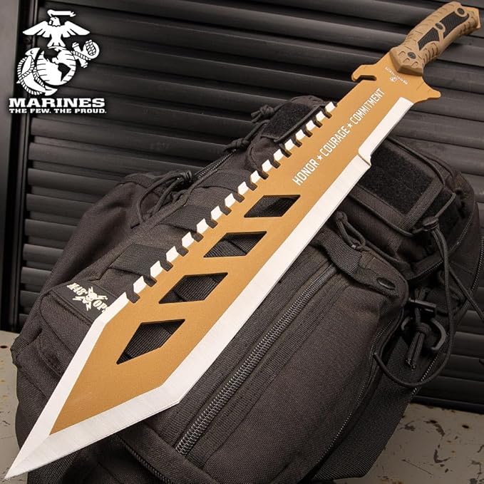 USMC Desert OPS Sawback Machete with Shoulder Strap Sheath - Officially Licensed By United States Marine Corps, Stainless Steel Blade, Non-Reflective Finish, ABS Handle - For Outdoors Job - Length 24"