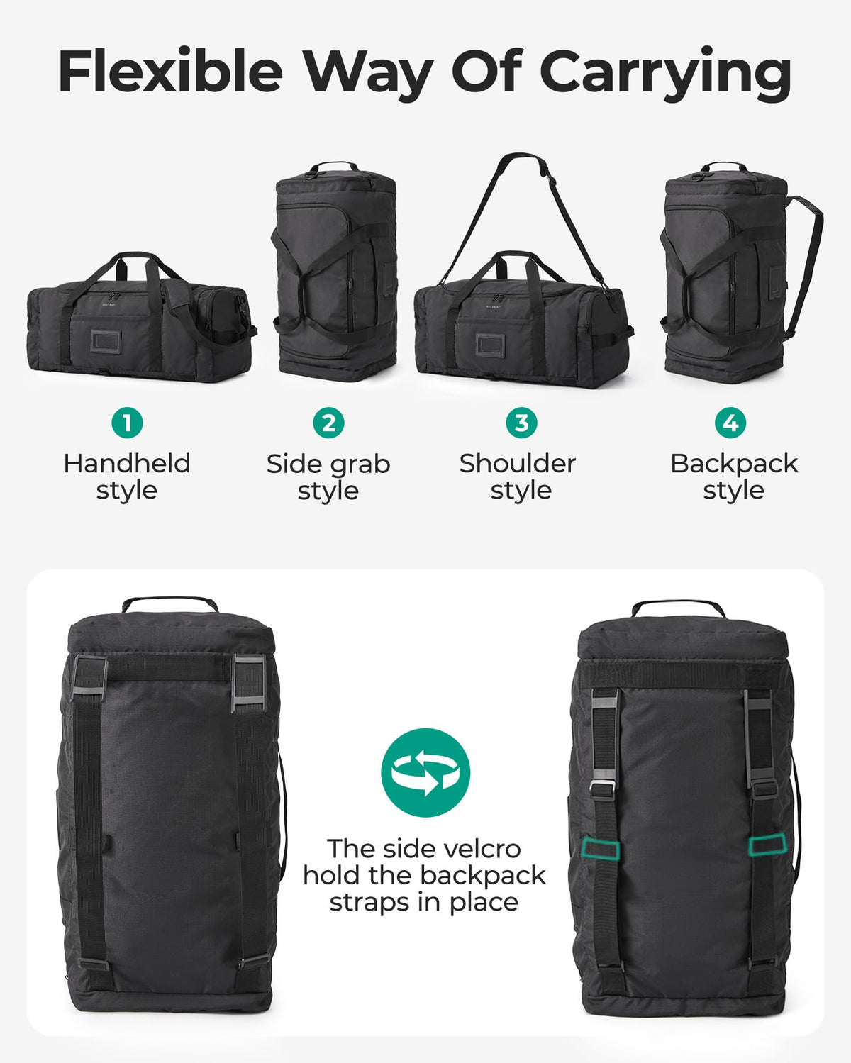 BAGSAMRT 60L Foldable Duffle Bag for Travel, Large Travel Duffel Bag for Men, 4 in 1 Travel Backpack, Carry on Weekender Bag, Gray