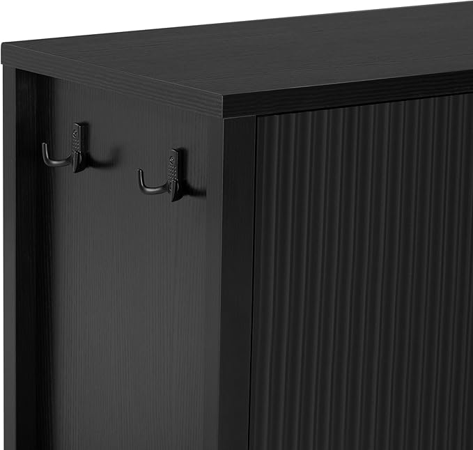 57.5'' Modern Console Table Sofa Table with Storage Racks & Side Hooks, Accent Stripe 4-Door Buffet Sideboard Serving Storage Cabinet with Adjustable Shelves for Living Room Kitchen (Black-NEW)