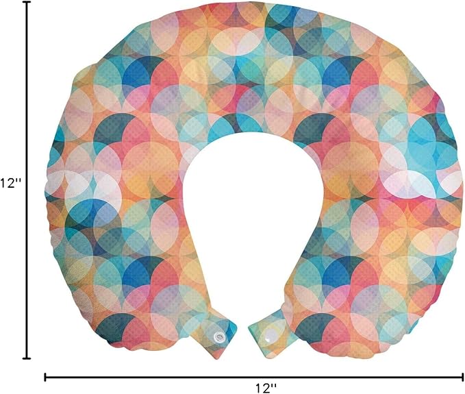 Ambesonne Geometric Travel Pillow Neck Rest, Soft Toned Hazy Overlap Circles Mosaic Birthday Party Pastel Design, Memory Foam Traveling Accessory for Airplane and Car, 12", Peach Coral Blue