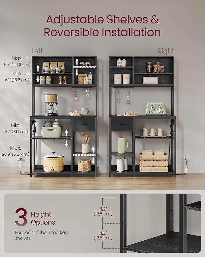 VASAGLE Bakers Rack with Charging Station, Coffee Bar, 12 Hooks