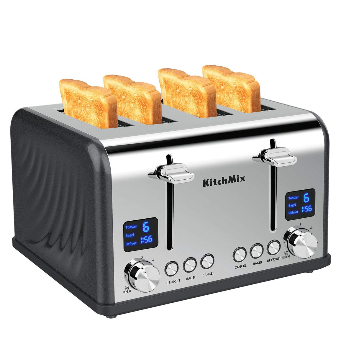 Toaster 4 Slice, KitchMix Bagel Stainless Toaster with LCD Timer, Extra Wide Slots, Dual Screen, Removal Crumb Tray (White)