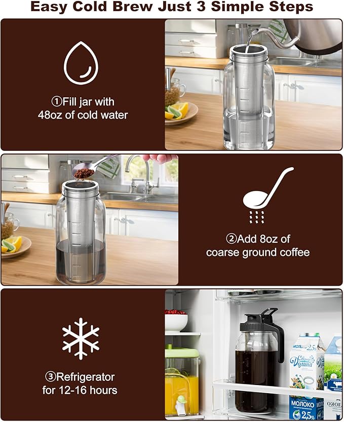 VA1KENE 64 oz Cold Brew Coffee Maker, Mason Jar Pitcher with 304 SS Filter