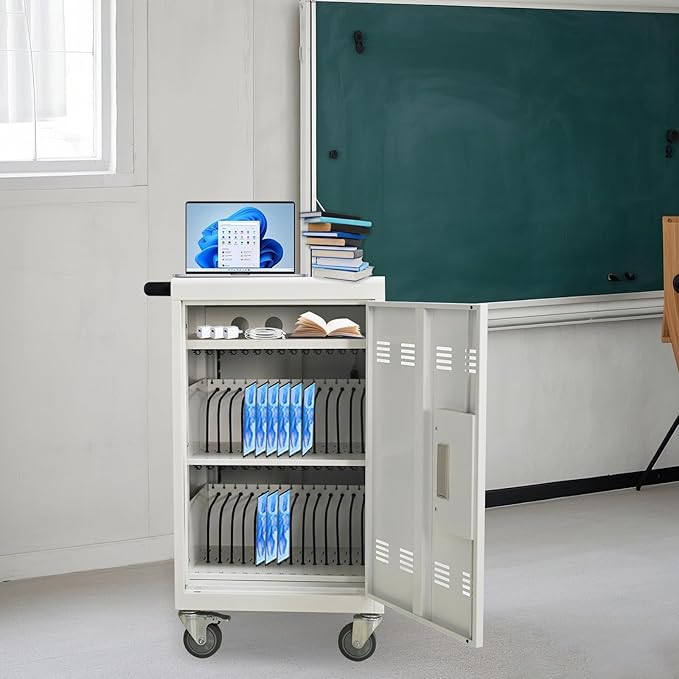 35 Device Charging Cart for Laptops and Tablets Up to 16.3-inch, Mobile Charging Station with AC Outlets, Secure Storage and Cable Management, Mobile Charging Cabinet for Ipads, Chromebooks, White