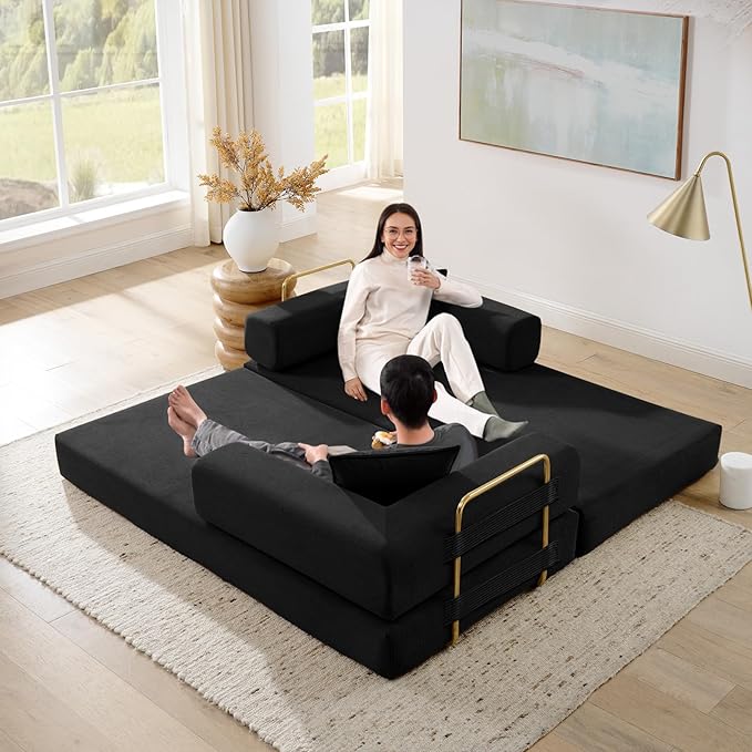 Antetek Convertible Futon Sofa Bed, 3-Seater Modern Corduroy Foam Floor King Size Bed Fold Out Sleeper Lounge Loveseat Sofa Couch with 2 Throw Pillows for Living Room Bedroom Guest Room, Black