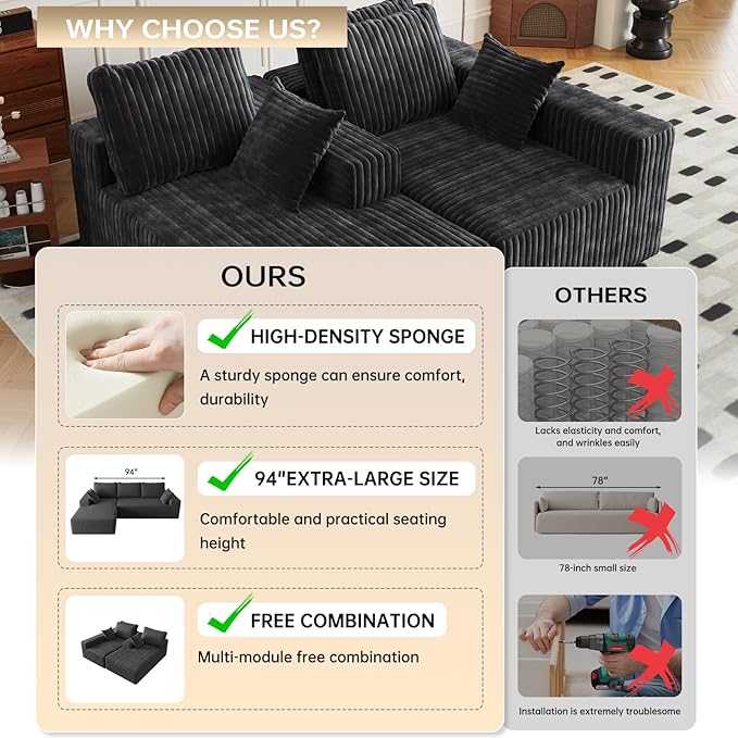94" Cloud Sectional Couch with L-Shape Chaise,4 Seat Modern Modular Sofa with Side Pockets,Upholstered Couches for Living Room Bedroom, Boneless Couch,No Assembly Required
