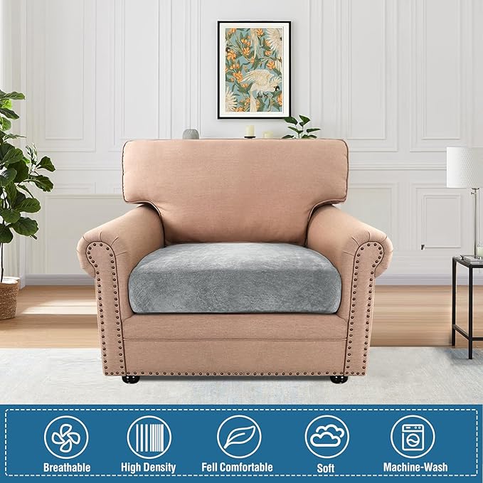 H.VERSAILTEX Stretch Couch Cushion Slipcovers Chenille Chair Covers for Living Room Armchair Non Slip Sofa Cushion Furniture Protector with Elastic Bottom(1 Seater Armchair Cushion Cover,Dove)