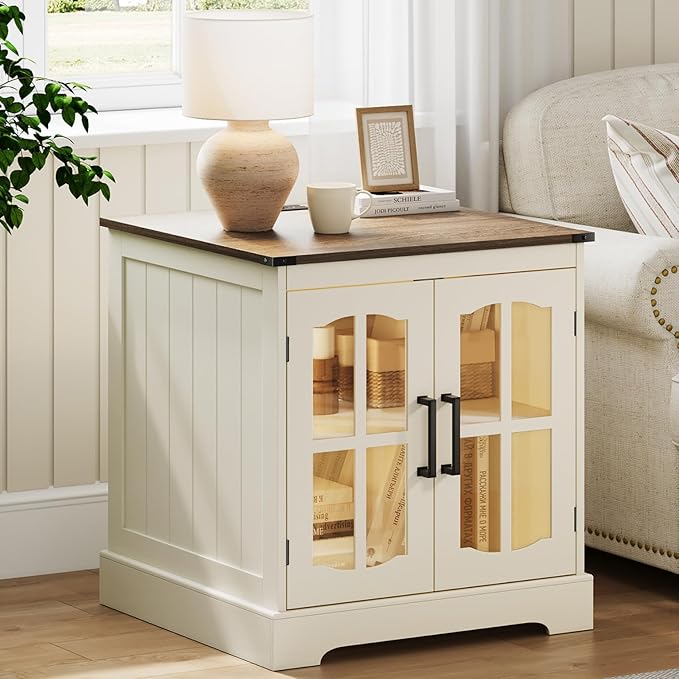 ChooChoo Farmhouse End Tables Set of 2, 24" Large Sofa Side Table with LED, Rustic Square Nightstand Set 2 with Glass Barn Door, Bedside Table with Storage for Living Room Beige(Cream and Brown
