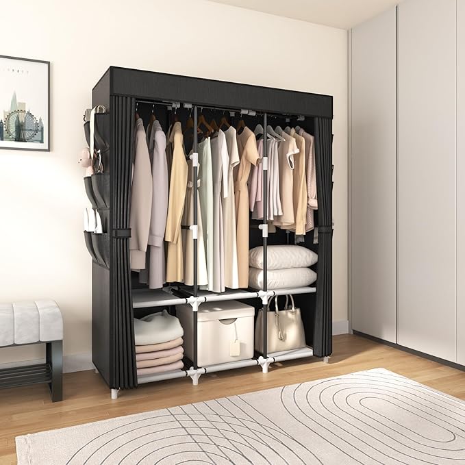 VTRIN Portable Closet Wardrobe for Hanging Clothes Closet with Cover, 3 Hanging rods, 6 Storage Shelves and Side Pocket, Diameter 19mm Metal Pipe, Sturdy Free Standing Closet for Bedroom, Black