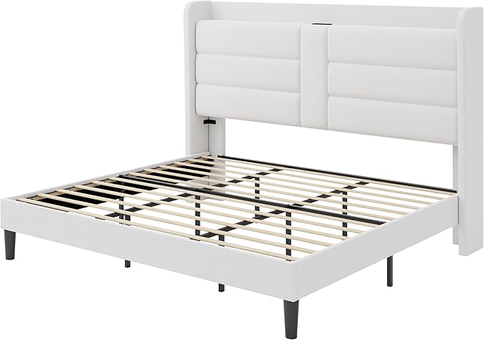 SHA CERLIN King Size Bed Frame with Charging Station & Storage Shelf, Velvet Upholstered Modern Platform Bed with Wingback Headboard, Wooden Slats Support, No Box Spring Needed, Easy Assembly, White