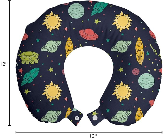Ambesonne Outer Space Travel Pillow Neck Rest, Galaxy Themed Image with Stars Planets Spacecrafts and Rockets, Memory Foam Traveling Accessory for Airplane and Car, 12", Multicolor