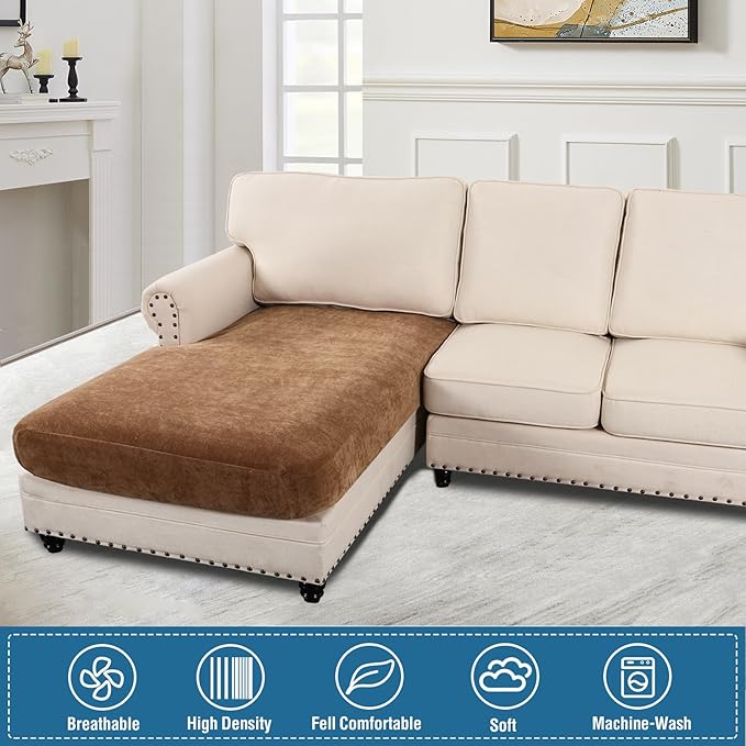H.VERSAILTEX Couch Cushion Covers Stretch Chenille Chaise Lounge Covers Slipcover Thick Soft Sectional Couch Covers for L Shaped Sofa Both Left/Right(3 Seater Sofa Cushion Cover,Caramel)