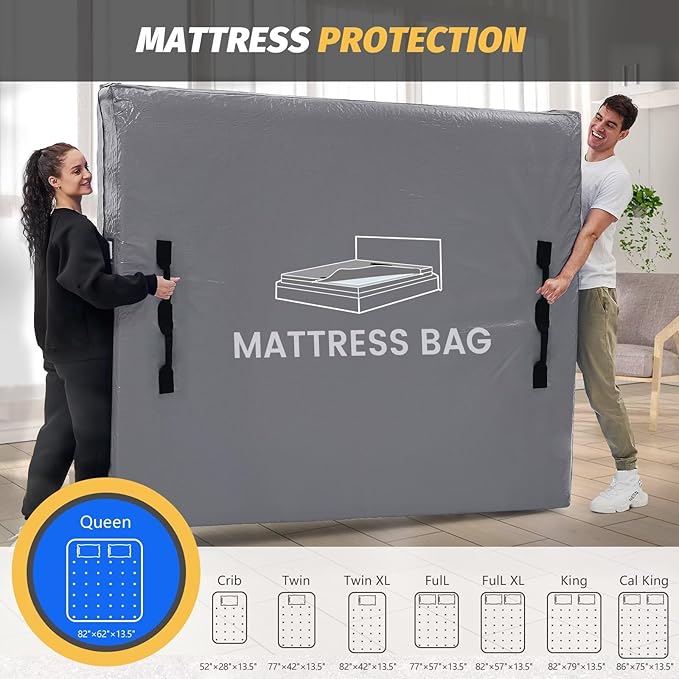 Mattress Bags for Moving and Storage, BETU Waterproof Mattress Protector Full XL Mattress Cover with 8 Heavy Duty Handles and Zipper Extra Thick Moving Supplies for Bed Reusable (82x57x13.5 Grey)