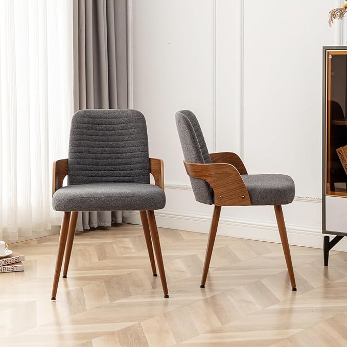 Dining Room Chairs Set of 2,Mid Century Modern Kitchen Chairs,Upholstered Accent Chairs,Metal Legs Wooden Desk Chairs,Armless and No Wheels for Kitchen Dining Living Room,Gray Fabric