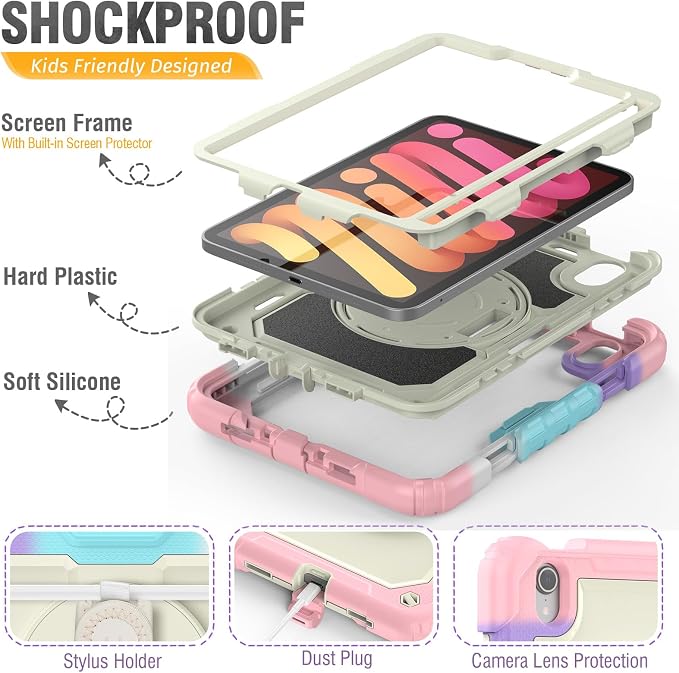 HXCASEAC Case for iPad mini 7 (A17 Pro) / iPad mini 6 Case 8.3 inch Full Body Protective with Carrying Strap Hand Strap Protector Pencil Holder 360 Rotating Stand A2995 A2993 A2567 A2568 Black