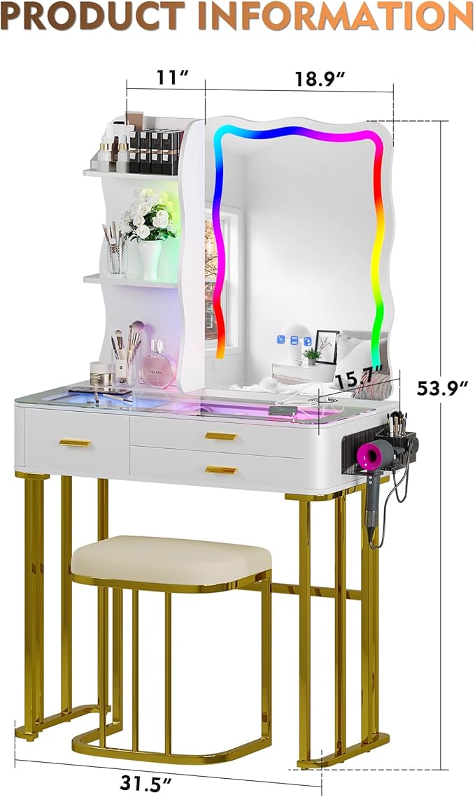 RGB Makeup Vanity Desk with Wireless Charging Station,7 Dynamic and 7 Static Dimmable Vanity Table with Visible Glass Top,Auto Sensor LED Make up Vanity with Mirror and Lights,Stool