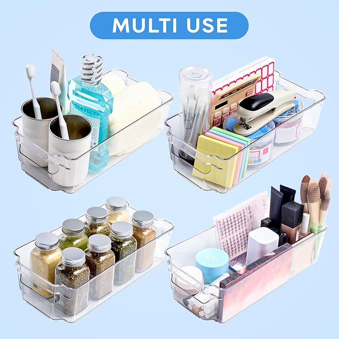 JollyPack 8 Pack Clear Plastic Storage Bins, Pantry Organizers and Storage with Handles, Clear Storage Containers for Fridge, Kitchen, Cabinet, Bathroom and Office
