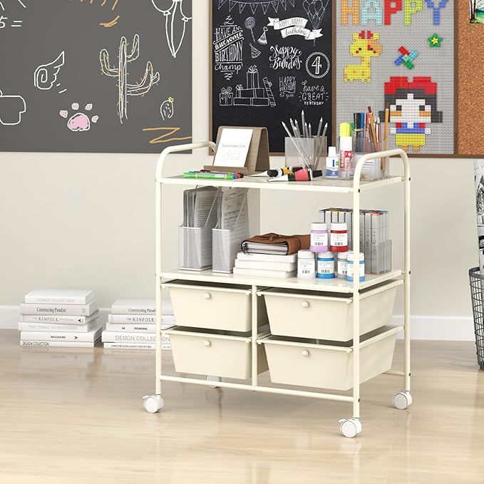 COSTWAY 4-Drawer Storage Cart, Mobile Storage Organizer w/Steel Frame & 360° Wheels, 4-Drawer Utility Cart for Living Room, Kitchen, Bathroom & Office (White)
