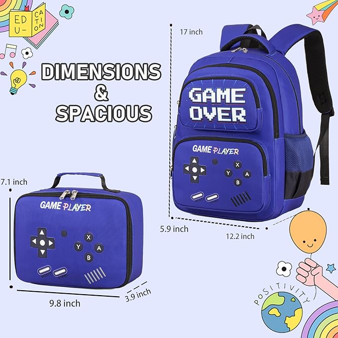 Kids Backpack Boys Gamer Backpack with Lunch Box Kindergarten Elementary Middle School Travel Sport Gaming Bookbag for Boys Girls Ages 4-14, Gamer Blue