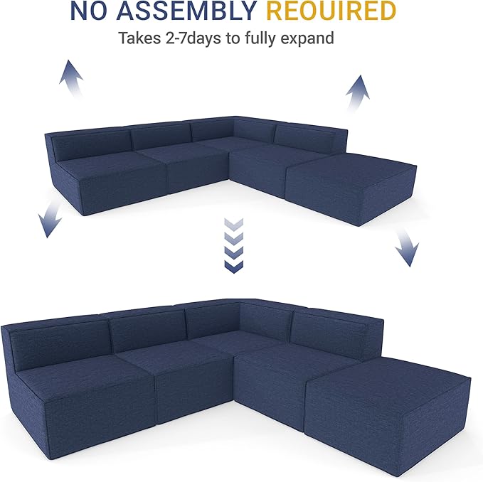 97"+57" 5-Piece Modular Sectional Sofa Convertible Cube Thick Couch 2 3 4 Seat Set, L-Shape, No Assembly for Living Room (3xArmless+1xCorner+1xOttoman) Fabric Chenille Blue