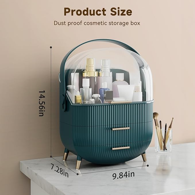 Makeup Organizers, Make Up Organizers for Vanity, Countertop Cosmetic Storage with Drawers and Transparent Cover for Bedroom Bathroom (Green)