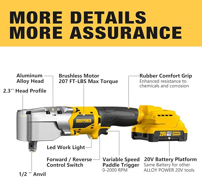 ALLOYPOWER 20V Brushless Right Angle Wrench, 207 Ft-lbs(280N.M) High Torque Cordless Power Tool with 2×2.0Ah Batteries, LED Light, 2-Speed Control, Compact 90° Design for Tight Spaces