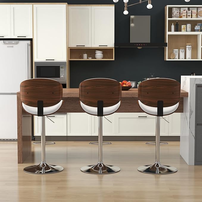 KCC Bar Stools Set of 4, Swivel Adjustable Height Barstools, PU Leather Upholstered Bar Chairs with Footrest, Bentwood Bar Stool for Kitchen, Bar, Dining Room(White PU)