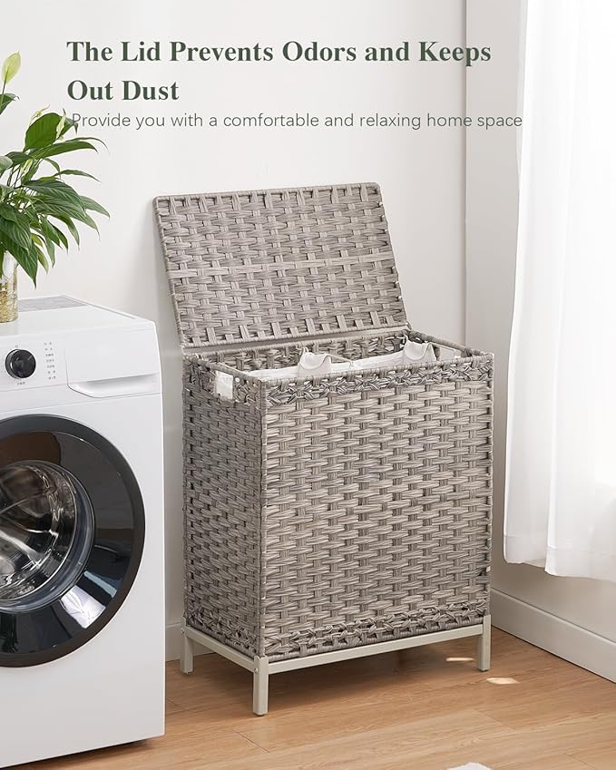 Laundry Hamper with Lid, 112 L Handwoven Rattan Wicker Laundry Basket, 2 Removable Liner Bags Metal Heightened Feet, 6 Mesh Bags, 2 Section Large Clothes Hamper for Bathroom Bedroom, Gray