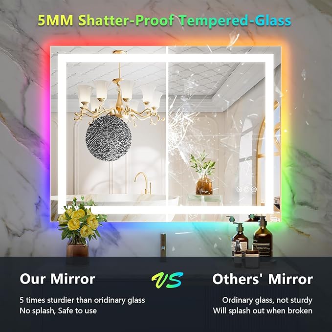 YEELAIT 40x30 Inch RGB LED Bathroom Mirror Front Light and RGB Backlit Lighted Vanity Mirror for Bathroom Wall Mounted Dimmable Anti Fog Memory Shatter-Proof IP54 Waterproof Horizontal/Vertical
