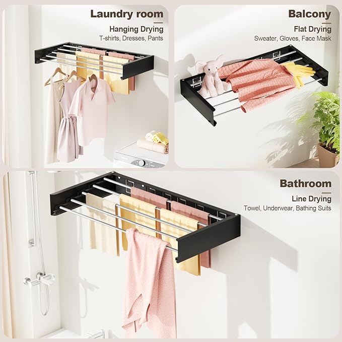 Wall Mounted Clothes Drying Rack Folding Indoor, Foldable Laundry Drying Rack Collapsible,Invisible, Space Saving, Retractable Towel Drying Rack, with Wall Template(6 Drying Rods, Black 40")
