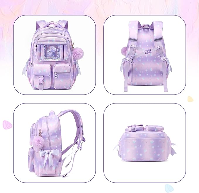 Kids Backpack for Girls - School Bags for Middle School Students - Book Bag for Elementary Primary - Kawaii Ita Backpack - Purple Shell