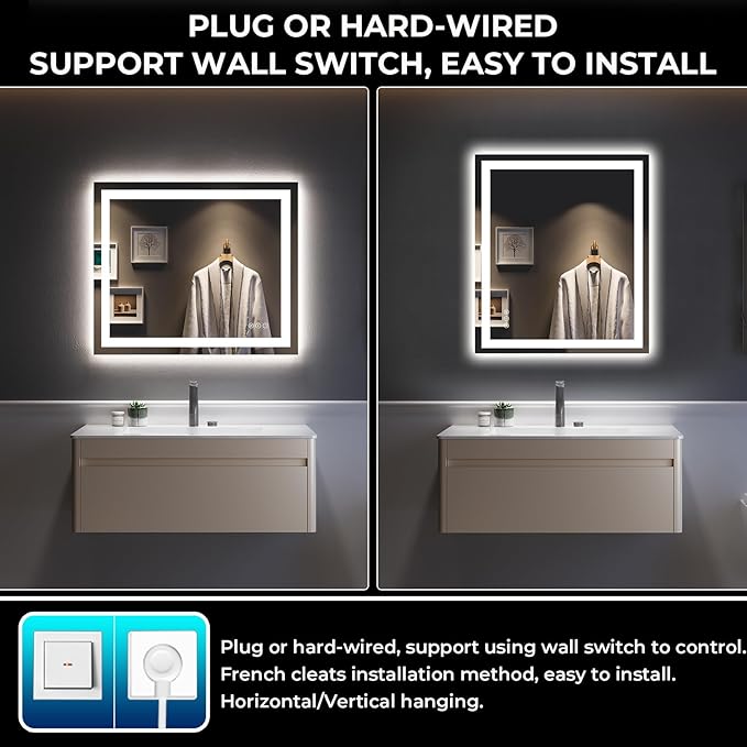 YEELAIT 28x36 Inch LED Bathroom Mirror with Lights Front and Backlit Lighted Vanity Mirror for Bathroom Wall with 3 Colors Dimmable Anti-Fog Memory Shatter-Proof IP54 Waterproof Horizontal/Vertical