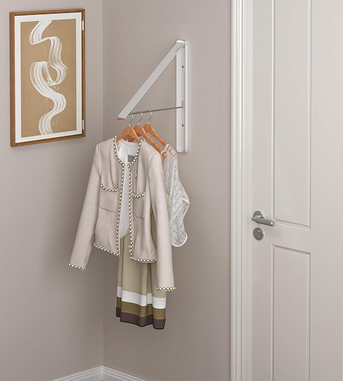 Dr.DJ Clothes Drying Rack with Rod, Wall-Mounted Retractable & Foldable Clothes Hanger for Laundry Room Organization and Storage, Metal Clothes Hanger Rack for Dorm, Closet, Balcony 2Rack,1Rod White