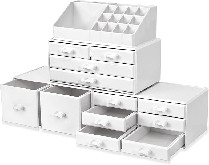 Sorbus Large Makeup Organizer - Stackable Jewelry & Makeup Organizer For Vanity, Bathroom Storage, Dresser - 12 Drawers Cosmetic Beauty Organizers and Storage with Lipstick, Makeup Brush Holder